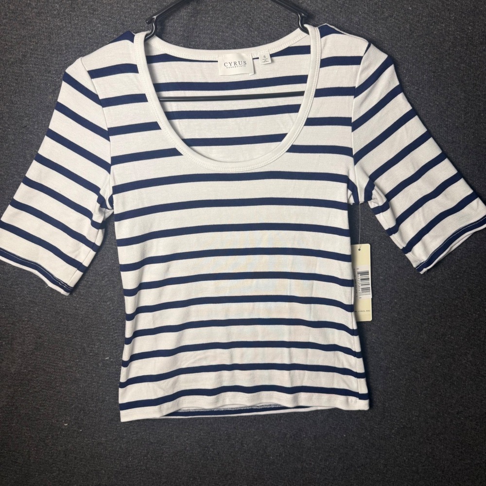 Cyrus Women Small Navy White Striped Scoop Neck Elbow Sleeve Nautical Preppy